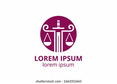 Law office logo set with scales of justice, illustrations. Act, principle, legal icon design. Vector vintage attorney, advocate labels, juridical firm badge.