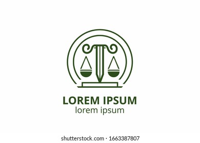 Law office logo set with scales of justice, illustrations. Act, principle, legal icon design. Vector vintage attorney, advocate labels, juridical firm badge.