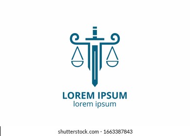 Law office logo set with scales of justice, illustrations. Act, principle, legal icon design. Vector vintage attorney, advocate labels, juridical firm badge.
