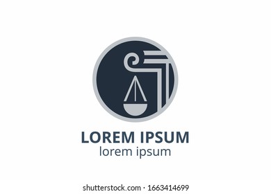 Law office logo set with scales of justice, illustrations. Act, principle, legal icon design. Vector vintage attorney, advocate labels, juridical firm badge.