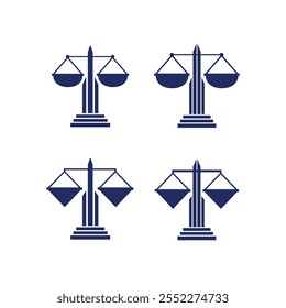 Law office logo set with scales of justice, illustrations. Vector vintage attorney, advocate labels, juridical firm badge. Attorney Law Scales Justice Lawyer Firm Pillar
