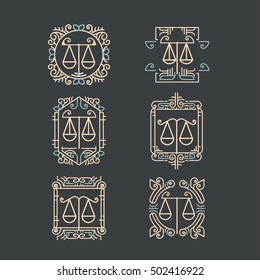 Law office logo set. Vector vintage lawyer logo collection. Jurist icon template. Attorney sign. Legal concept. Juridical firm labels and badge