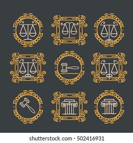 Law office logo set. Vector vintage lawyer logo collection. Jurist icon template. Attorney sign. Legal concept. Juridical firm labels and badge