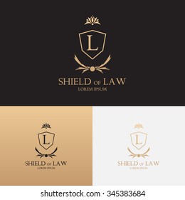 Law office logo with shield. Concept of symbol of lawyer with floral ornament. Judge label.