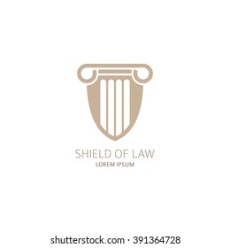 Law Office Logo Template. Lawyer Logo In The Form Of Shield With Greece Column. Vector Illustration.