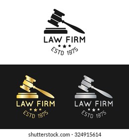 Law office logos set with gavel illustration. Vector vintage attorney, advocate labels, juridical firm badges collection. Act, principle, legal icons design.