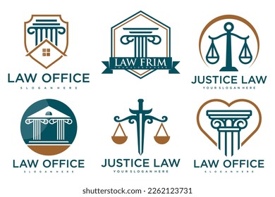 Law office logos set with scales of justice, gavel etc illustrations.