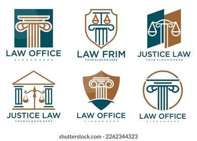 Law office logos set with scales of justice, gavel etc illustrations.