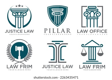 Law office logos set with scales of justice, gavel etc illustrations.