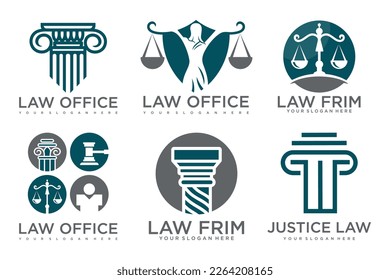 Law office logos set with scales of justice, gavel etc illustrations.