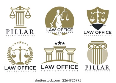 Law office logos set with scales of justice, gavel etc illustrations.