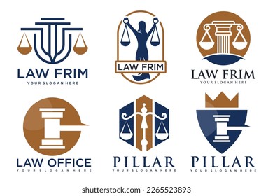 Law office logos set with scales of justice, gavel etc illustrations.