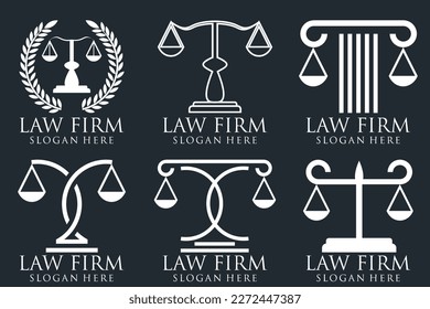 Law office logos set with scales of justice, gavel etc illustrations. Vector vintage attorney, advocate labels, juridical firm badges collection. Act, principle, legal icons design