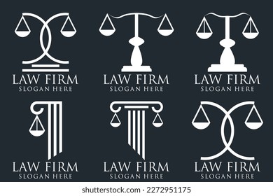Law office logos set with scales of justice, gavel etc illustrations. Vector vintage attorney, advocate labels, juridical firm badges collection. Act, principle, legal icons design