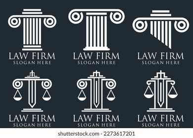 Law office logos set with scales of justice, gavel etc illustrations. Vector vintage attorney, advocate labels, juridical firm badges collection. Act, principle, legal icons design