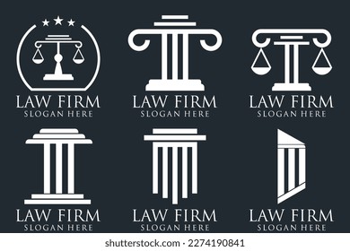 Logotipos de la oficina de justicia con escalas de justicia, gavel, etc ilustraciones. Procuradora vectorial vintage, etiquetas de abogados, colección de insignias de firma jurídica. Acto, principio, diseño de iconos legales