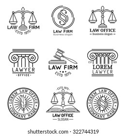 Law office logos set with scales of justice, gavel etc illustrations. Vector vintage attorney, advocate labels, juridical firm badges collection. Act, principle, legal icons design.