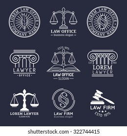 Law office logos set with scales of justice, gavel etc illustrations. Vector vintage attorney, advocate labels, juridical firm badges collection. Act, principle, legal icons design.