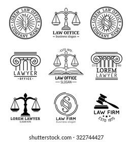 Law office logos set with scales of justice, gavel etc illustrations. Vector vintage attorney, advocate labels, juridical firm badges collection. Act, principle, legal icons design.