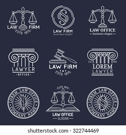 Law office logos set with scales of justice, gavel etc illustrations. Vector vintage attorney, advocate labels, juridical firm badges collection. Act, principle, legal icons design.