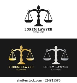 Law office logos set with scales of justice illustration. Vector vintage attorney, advocate labels, juridical firm badges collection. Act, principle, legal icons design.