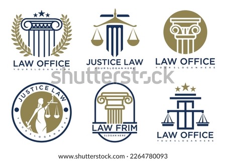 Law office logos set with scales of justice, gavel etc illustrations.