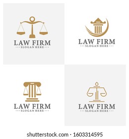 Law office logotypes set with scales of justice, gavel etc illustrations. Vector vintage attorney, advocate labels, juridical firm badges collection. Act, principle, legal icons design.