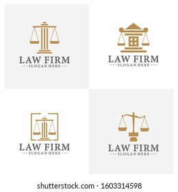 Law office logotypes set with scales of justice, gavel etc illustrations. Vector vintage attorney, advocate labels, juridical firm badges collection. Act, principle, legal icons design.
