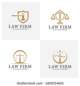Law office logotypes set with scales of justice, gavel etc illustrations. Vector vintage attorney, advocate labels, juridical firm badges collection. Act, principle, legal icons design.