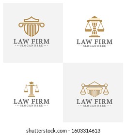 Law office logotypes set with scales of justice, gavel etc illustrations. Vector vintage attorney, advocate labels, juridical firm badges collection. Act, principle, legal icons design.