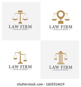 Law office logotypes set with scales of justice, gavel etc illustrations. Vector vintage attorney, advocate labels, juridical firm badges collection. Act, principle, legal icons design.