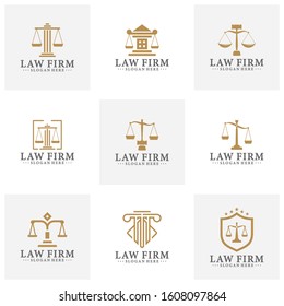 Law office logotypes set with scales of justice, gavel etc illustrations. Vector vintage attorney, advocate labels, juridical firm badges collection. Act, principle, legal icons design.