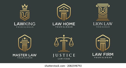 Logotipos de las oficinas de justicia establecidos con escalas de justicia, ilustraciones de hitos Vector.