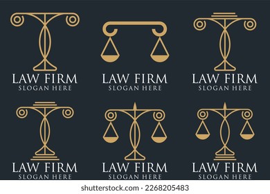 Logotipos de la oficina de justicia establecidos con escalas de justicia, gavel, etc ilustraciones. Procuradora vectorial vintage, etiquetas de abogados, colección de insignias de firma jurídica. Acto, principio, diseño de iconos legales.