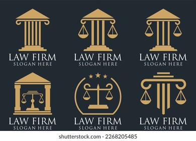 Logotipos de la oficina de justicia establecidos con escalas de justicia, gavel, etc ilustraciones. Procuradora vectorial vintage, etiquetas de abogados, colección de insignias de firma jurídica. Acto, principio, diseño de iconos legales.