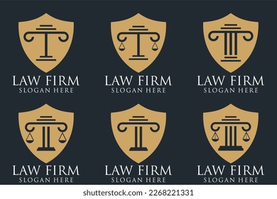 Logotipos de la oficina de justicia establecidos con escalas de justicia, gavel, etc ilustraciones. Procuradora vectorial vintage, etiquetas de abogados, colección de insignias de firma jurídica. Acto, principio, diseño de iconos legales.