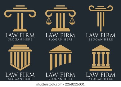 Logotipos de la oficina de justicia establecidos con escalas de justicia, gavel, etc ilustraciones. Procuradora vectorial vintage, etiquetas de abogados, colección de insignias de firma jurídica. Acto, principio, diseño de iconos legales.