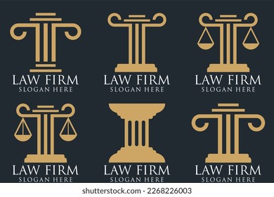 Law office logotypes set with scales of justice, gavel etc illustrations. Vector vintage attorney, advocate labels, juridical firm badges collection. Act, principle, legal icons design.