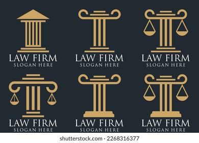 Logotipos de la oficina de justicia establecidos con escalas de justicia, gavel, etc ilustraciones. Procuradora vectorial vintage, etiquetas de abogados, colección de insignias de firma jurídica. Acto, principio, diseño de iconos legales.