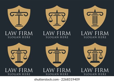 Law office logotypes set with scales of justice, gavel etc illustrations. Vector vintage attorney, advocate labels, juridical firm badges collection. Act, principle, legal icons design
