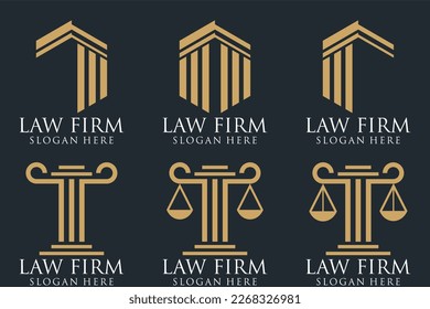 Logotipos de la oficina de justicia establecidos con escalas de justicia, gavel, etc ilustraciones. Procuradora vectorial vintage, etiquetas de abogados, colección de insignias de firma jurídica. Acto, principio, diseño de iconos legales
