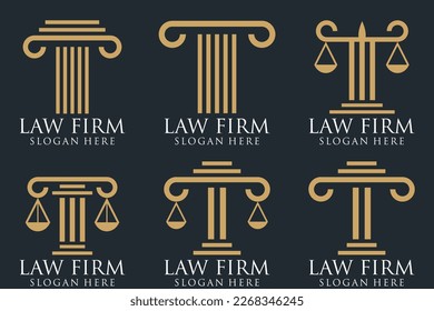 Logotipos de la oficina de justicia establecidos con escalas de justicia, gavel, etc ilustraciones. Procuradora vectorial vintage, etiquetas de abogados, colección de insignias de firma jurídica. Acto, principio, diseño de iconos legales