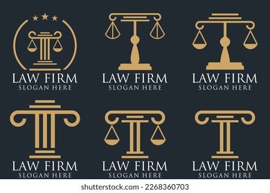 Law office logotypes set with scales of justice, gavel etc illustrations. Vector vintage attorney, advocate labels, juridical firm badges collection. Act, principle, legal icons design