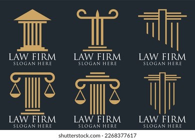 Law office logotypes set with scales of justice, gavel etc illustrations. Vector vintage attorney, advocate labels, juridical firm badges collection. Act, principle, legal icons design