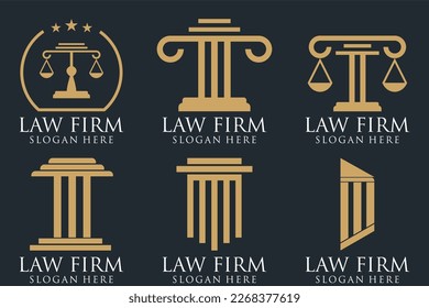 Law office logotypes set with scales of justice, gavel etc illustrations. Vector vintage attorney, advocate labels, juridical firm badges collection. Act, principle, legal icons design