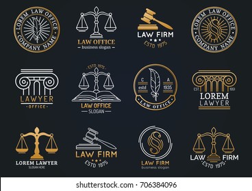 Law office logotypes set with scales of justice, gavel etc illustrations. Vector vintage attorney, advocate labels, juridical firm badges collection. Act, principle, legal icons design.