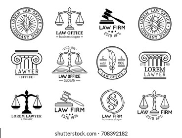 Law office logotypes set with scales of justice, gavel etc illustrations. Vector vintage attorney, advocate labels, juridical firm badges collection. Act, principle, legal icons design.