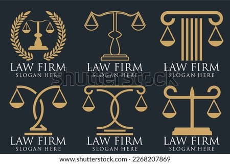 Law office logotypes set with scales of justice, gavel etc illustrations. Vector vintage attorney, advocate labels, juridical firm badges collection. Act, principle, legal icons design.