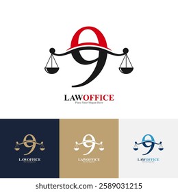 Law office number 9 logo design vector. Suitable for lawyer, justice, law attorney, legal, lawyer service, scale, law firm, initial and label poster 