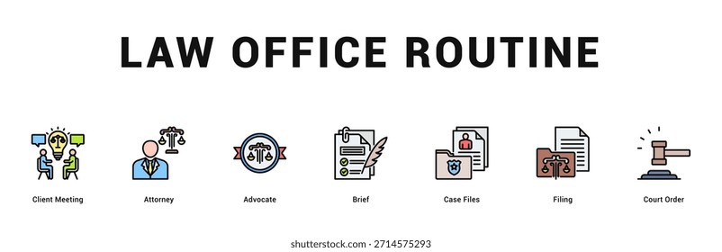 Rechtsanwaltskanzlei Routine Moderne und saubere Web-Banner-Illustration mit thematischen Symbolen für visuelle Kommunikation
